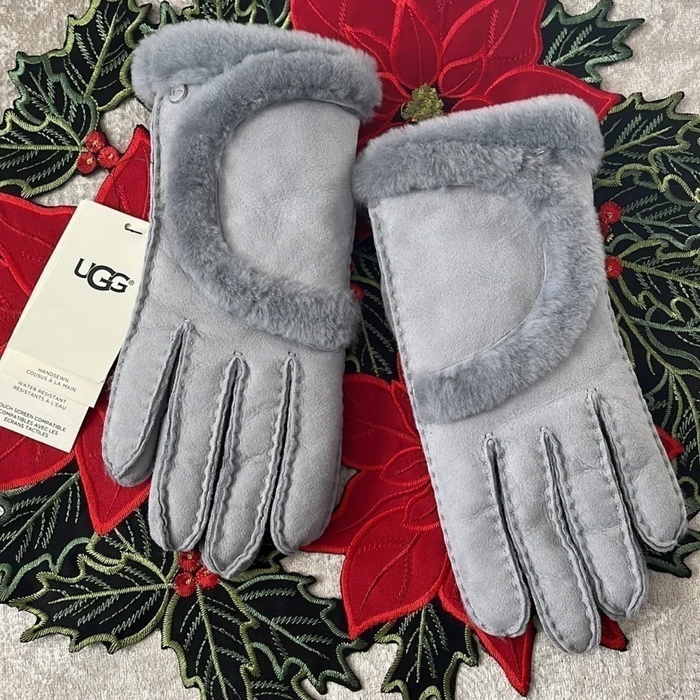 Brand New UGG Shearling Sheepskin Handsewn Touchscreen Gray Gloves Leather Trim